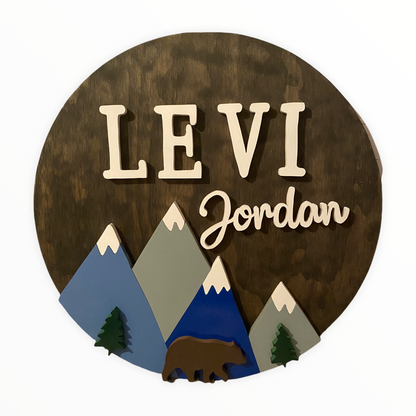 Nursery Name Sign with Small Mountains and Trees