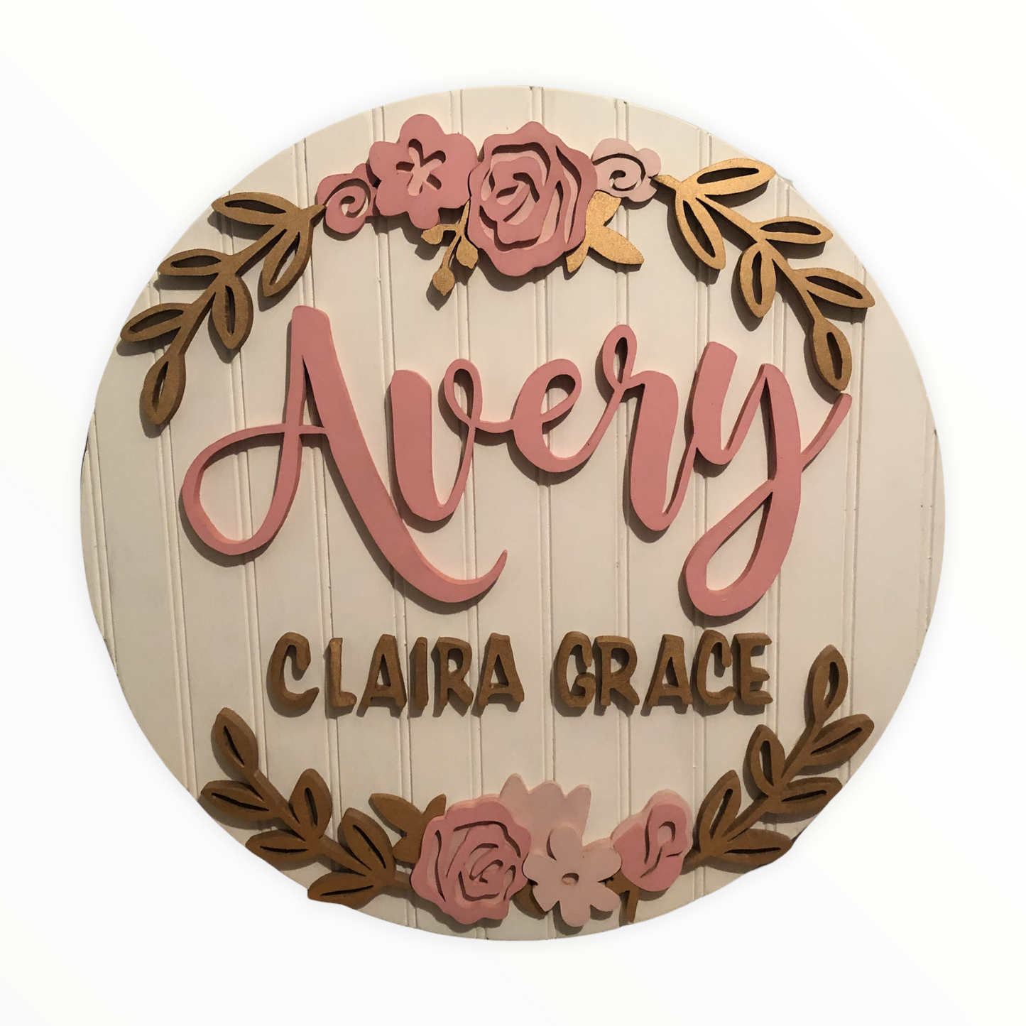 Round Nursery Name Sign with pink and blush flowers 2