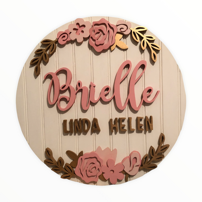 Round Nursery Name Sign with pink and blush flowers 2