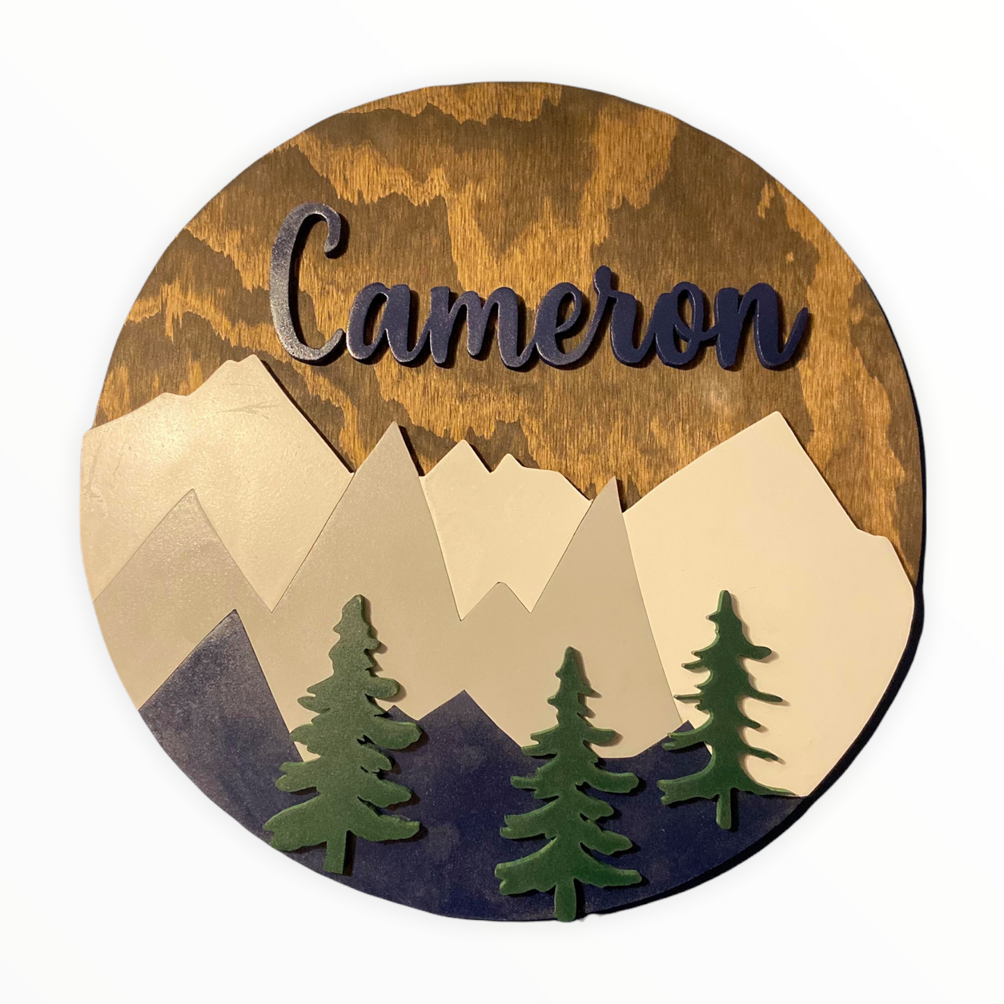 Round Nursery Name Sign with Mountains or Trees