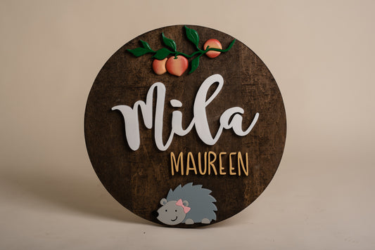 Peaches and Hedgehogs Nursery theme round name sign