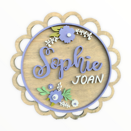 Round Nursery Name Sign with Flowers and scalloped edge with border