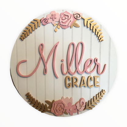 Round Nursery Name Sign with pink and blush flowers