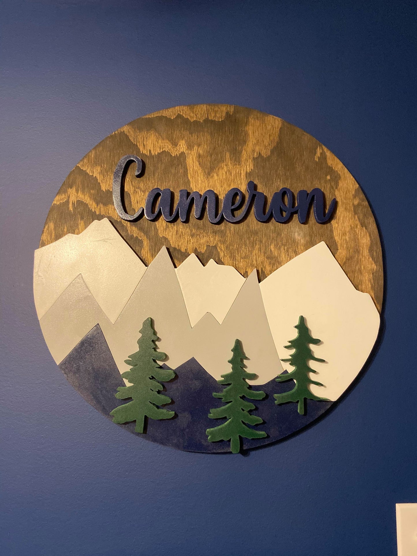 Round Nursery Name Sign with Mountains or Trees