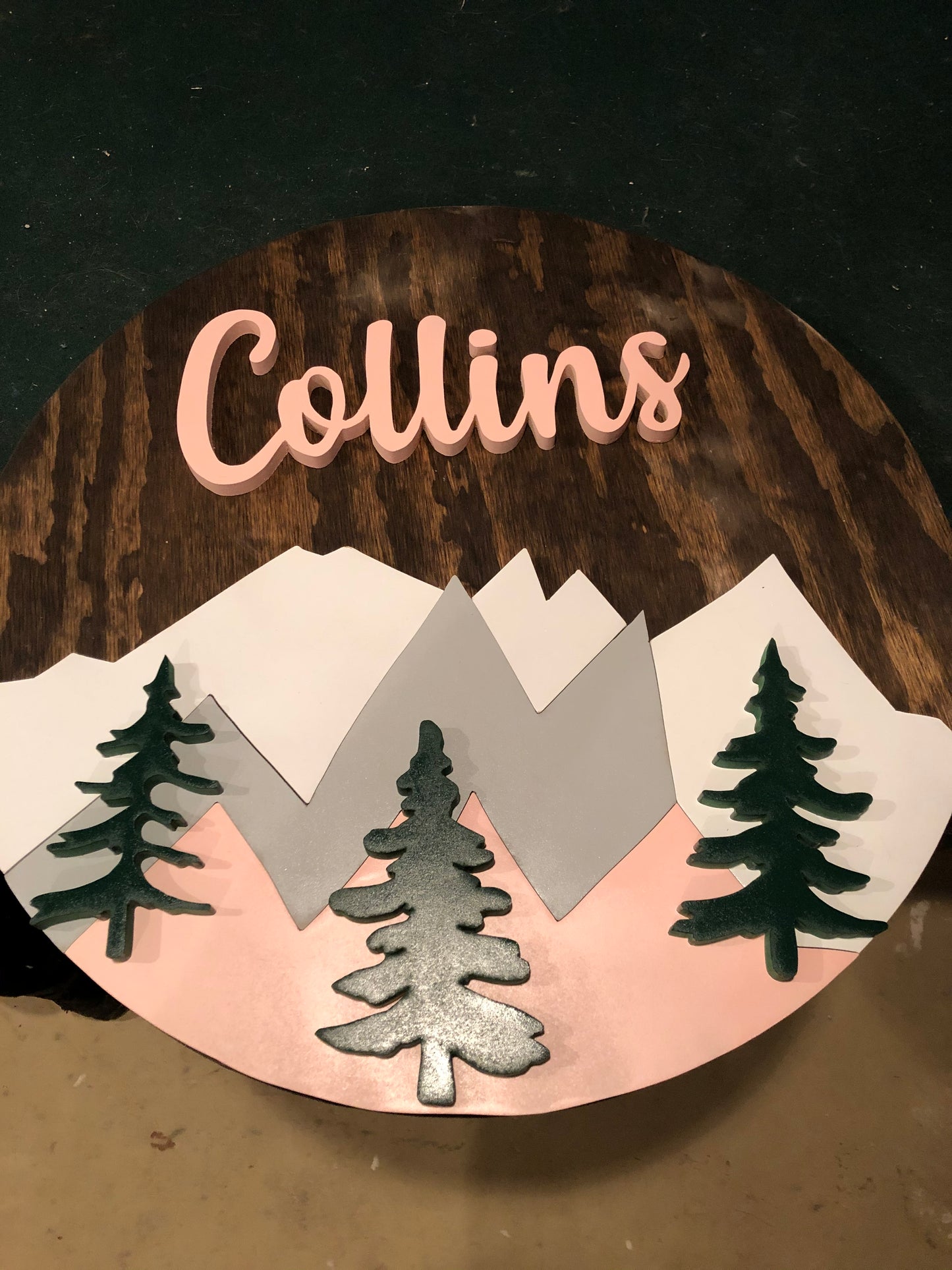 Round Nursery Name Sign with Mountains or Trees