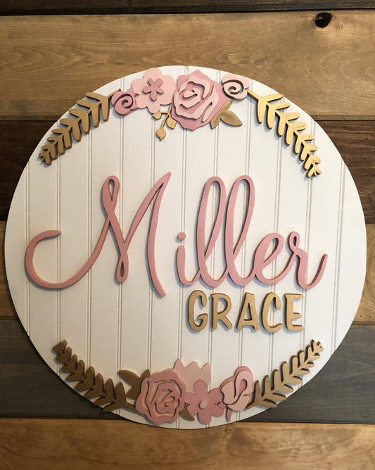 Round Nursery Name Sign with pink and blush flowers