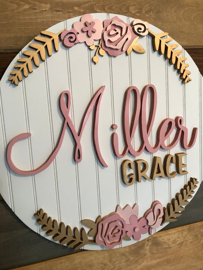 Round Nursery Name Sign with pink and blush flowers