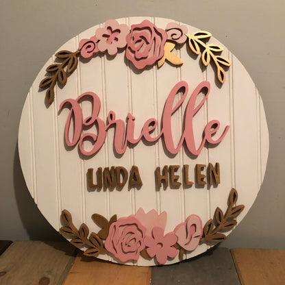 Round Nursery Name Sign with pink and blush flowers 2