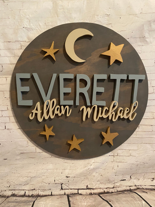 Round Nursery Name Sign Moon and Stars