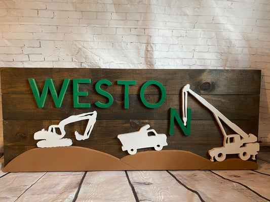 Rectangle Nursery Name Sign with Vehicles and Tractors