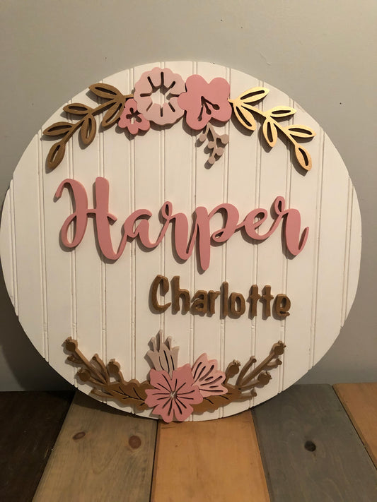 Round Nursery Name Sign with pink and blush flowers 3