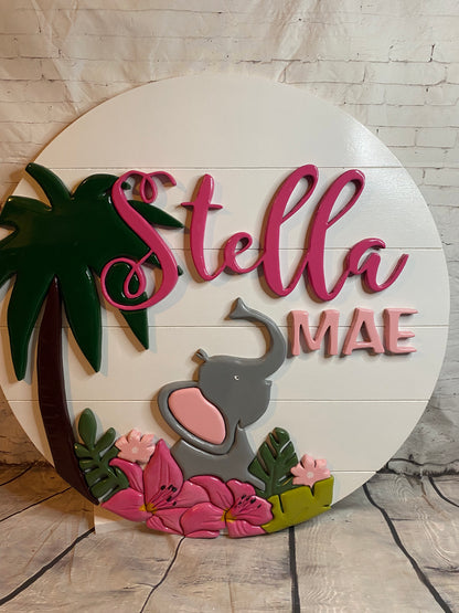 Elephant and Floral Round Nursery Name Sign Wall Art