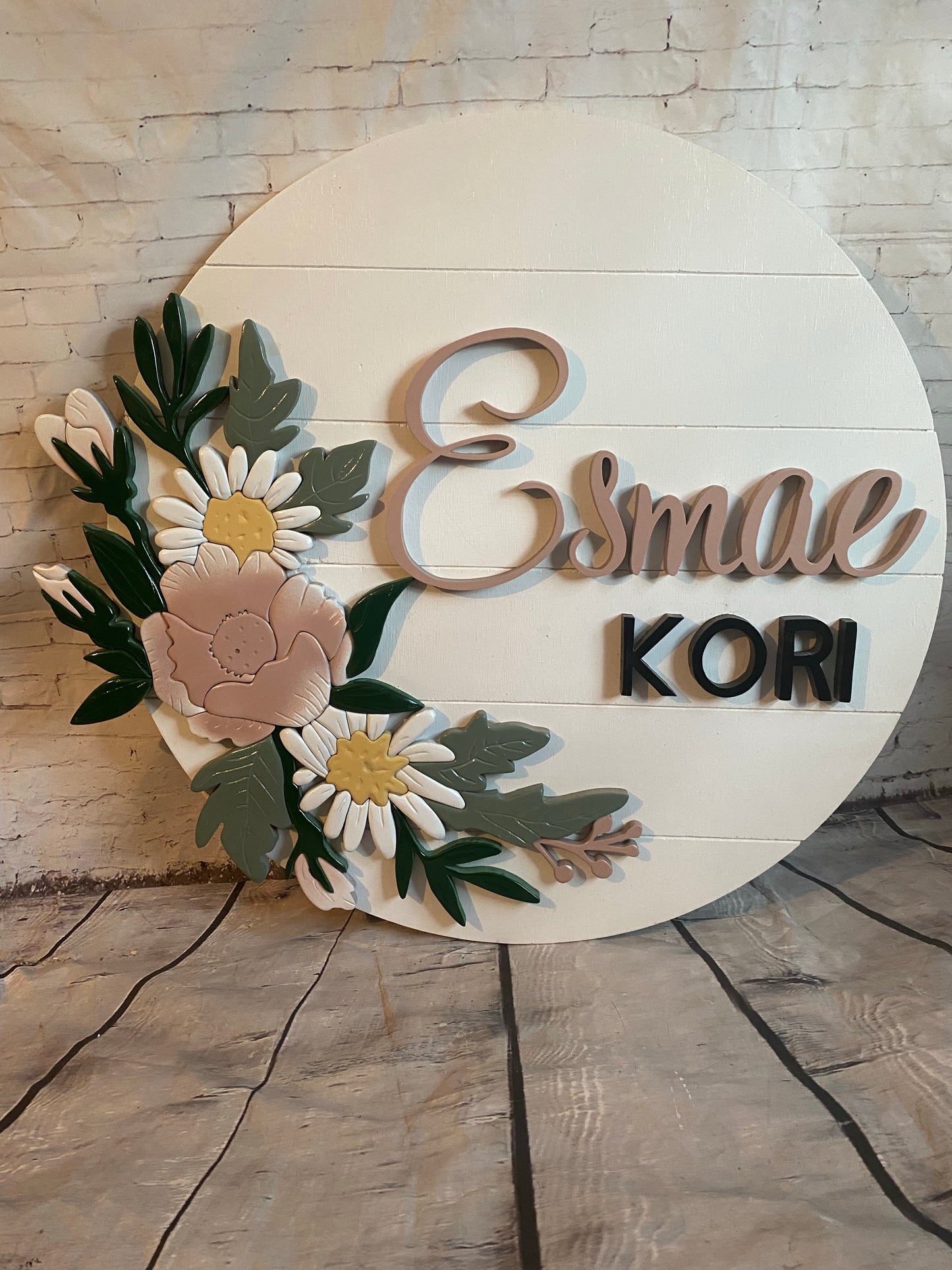 Round Nursery Name Sign with blush flowers