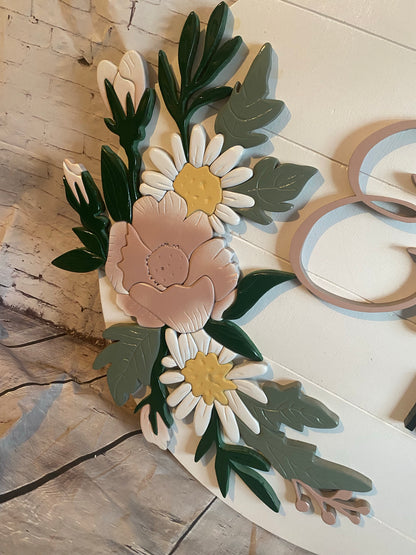 Round Nursery Name Sign with blush flowers