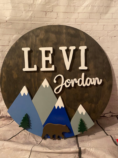 Nursery Name Sign with Small Mountains and Trees