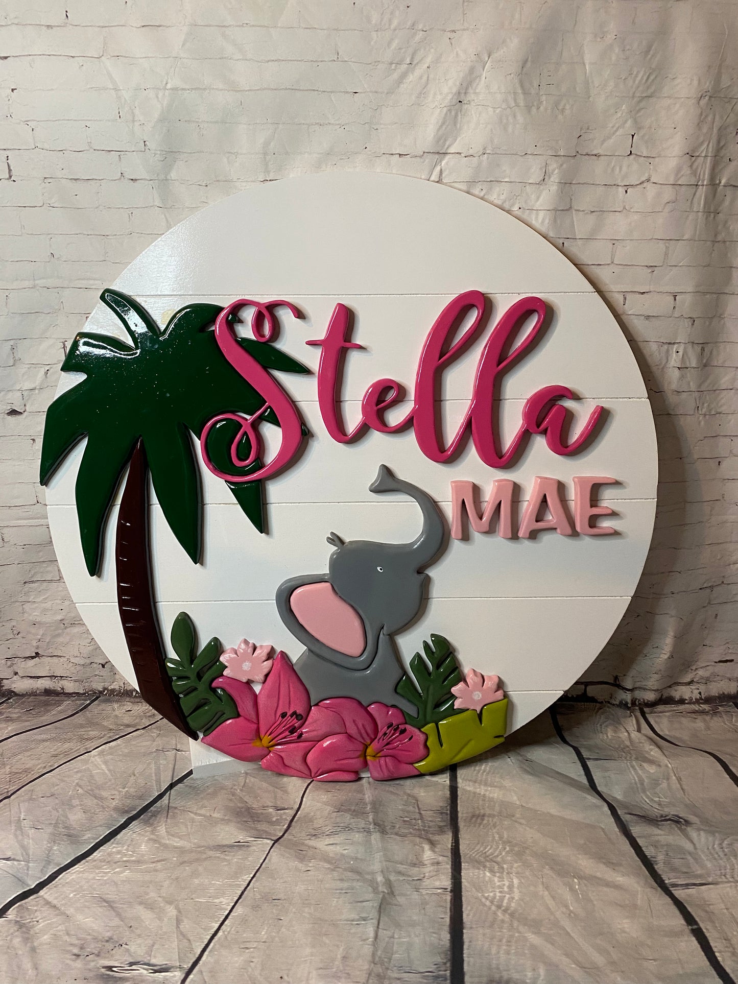 Elephant and Floral Round Nursery Name Sign Wall Art