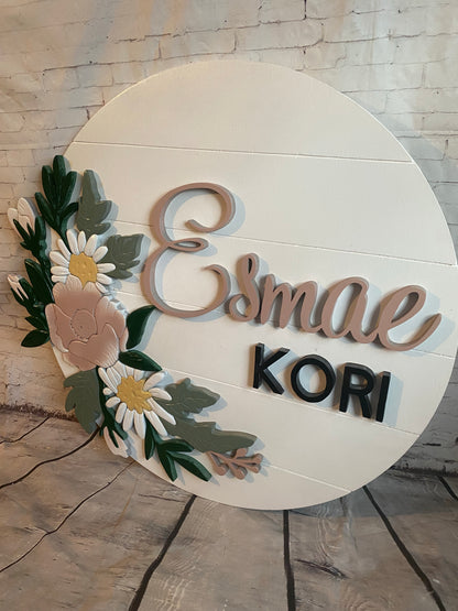 Round Nursery Name Sign with blush flowers