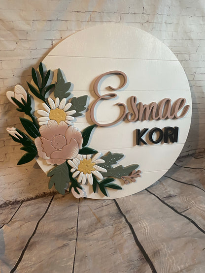 Round Nursery Name Sign with blush flowers