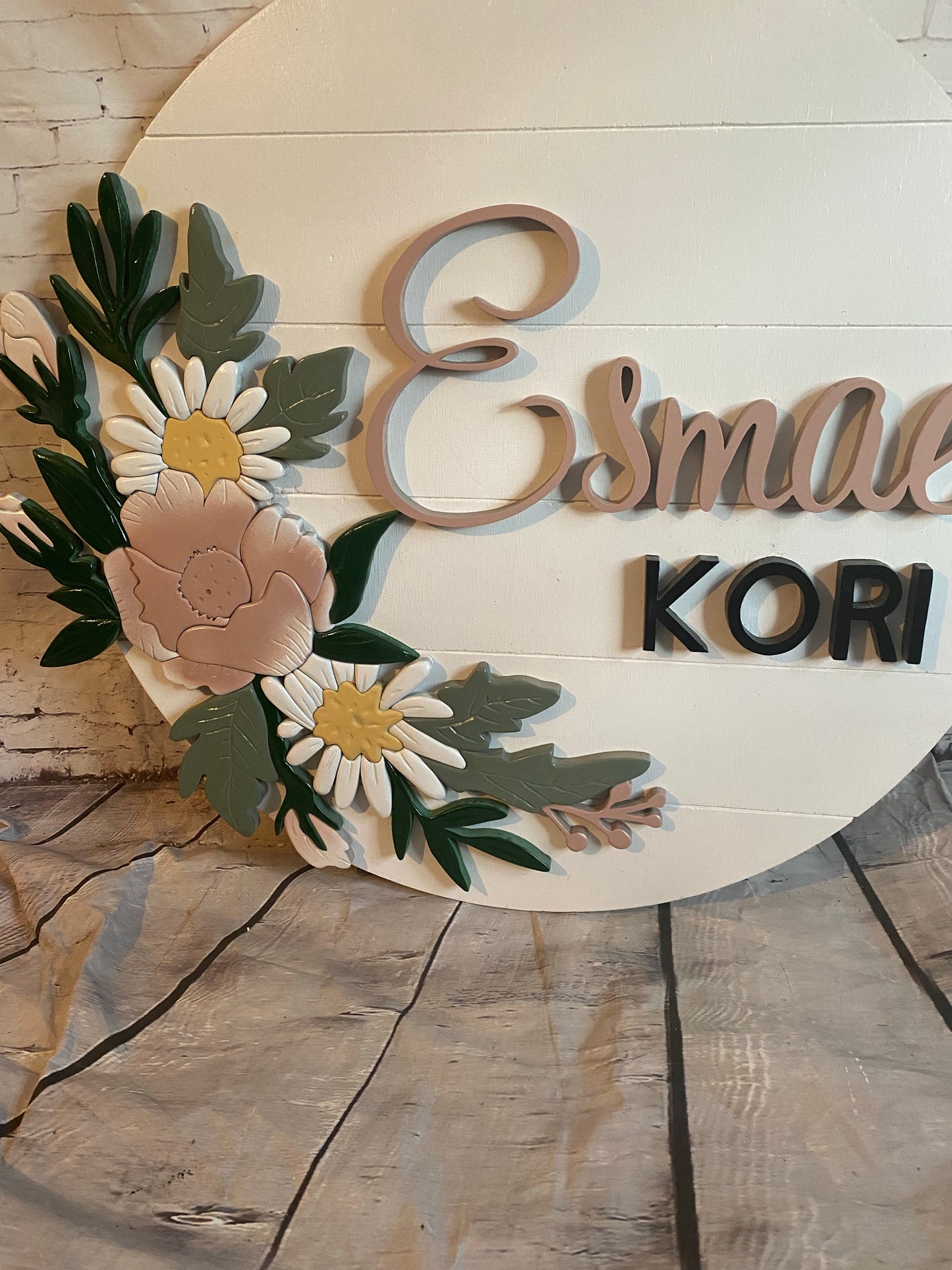 Round Nursery Name Sign with blush flowers